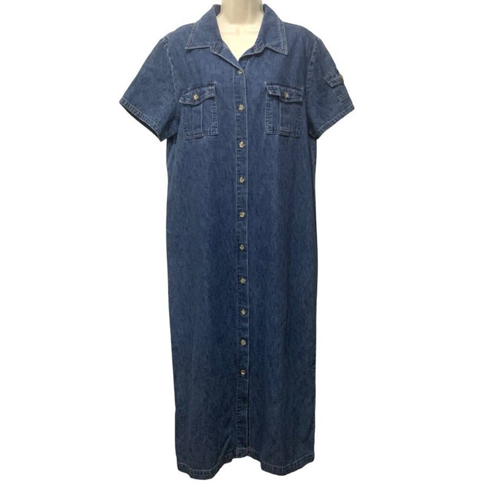 Vintage Faded Glory Denim Shirt Dress Maxi Womens XL Blue Button Front 90s Y2K